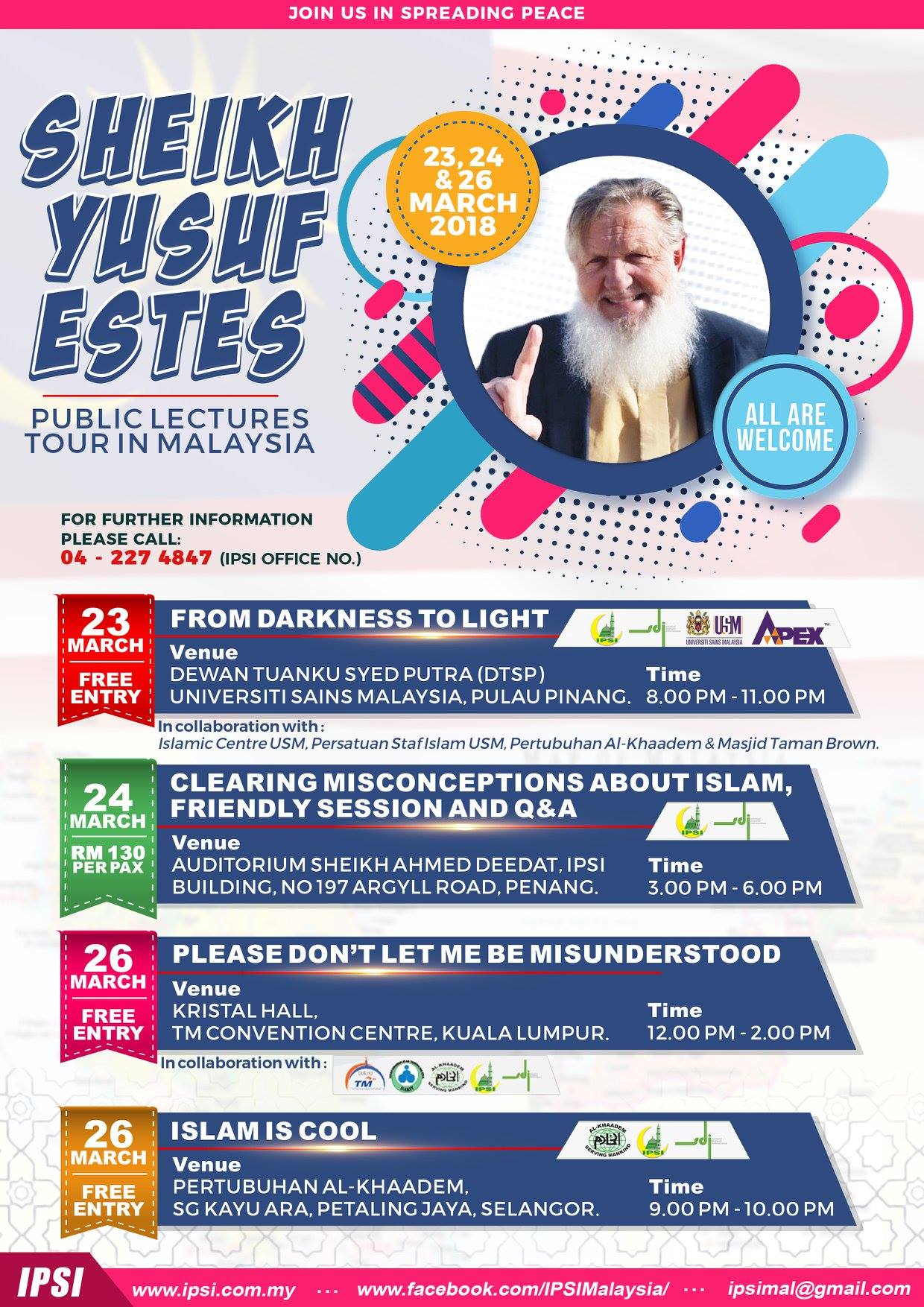You are currently viewing SHEIKH YUSUF ESTES PUBLIC LECTURES TOUR IN MALAYSIA : 23, 24 & 26 Mac 2018 :